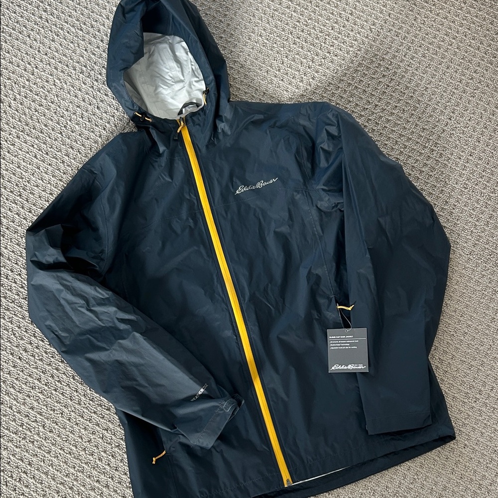 Eddie Bauer Men's Dark Blue Raincoat with Yellow Trim